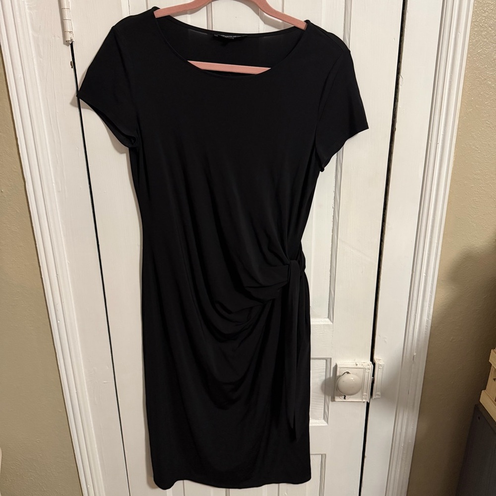 Lafayette 148 Black Short Sleeve Round Neck Side Gathered Sheath Dress Medium